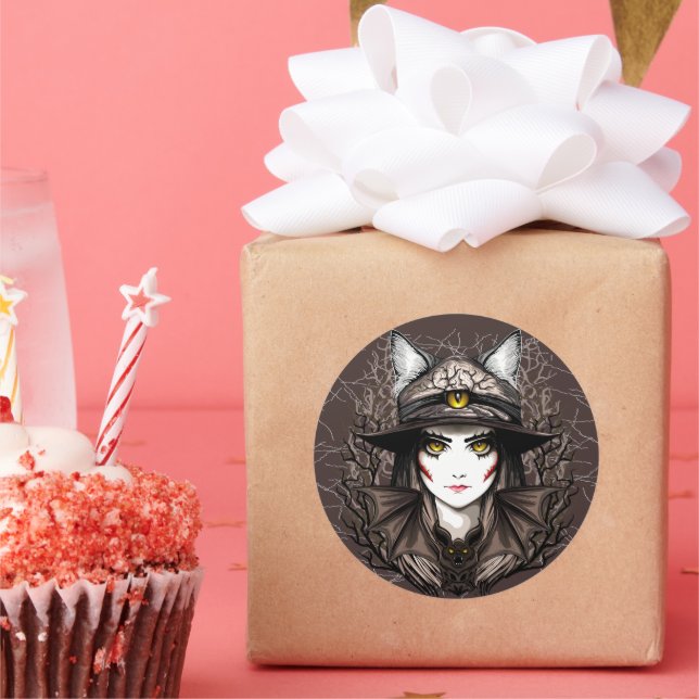 Pegatina Redonda Un retrato cursi de bruja de Gato de Brujas Hallow (Fiesta)
