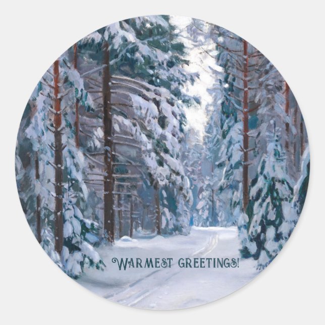 Pegatina Redonda Un sendero nevado en el bosque (Anverso)