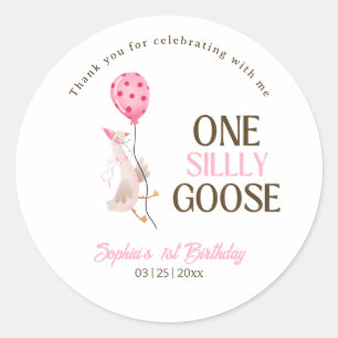 Pegatina Redonda Un Silly Goose Cumpleaños, Niña 1er Cumpleaños Ros