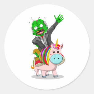 Pegatina Redonda Un zombi verde monta una unicornio rosa para