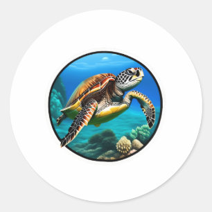 Pegatina Redonda Una agradable tortuga marina nadando en el océano