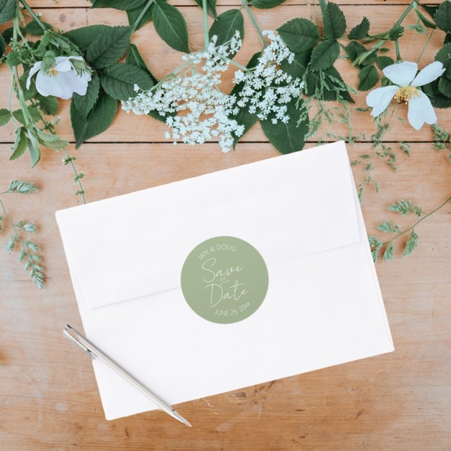 Pegatina Redonda Una boda inteligente verde sabia salva la fecha (In Situ Wedding)