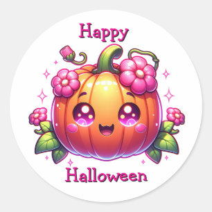Pegatina Redonda Una Calabaza Chibi Adorable Feliz Halloween