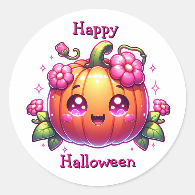 Pegatina Redonda Una Calabaza Chibi Adorable | Feliz Halloween (Anverso)