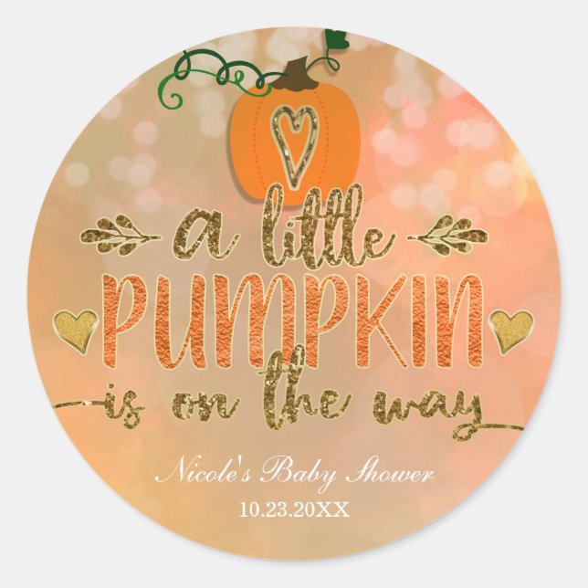Pegatina Redonda Una calabaza está en camino de Baby Shower otoño (Anverso)