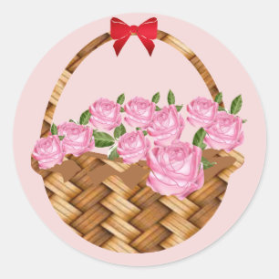 Pegatina Redonda Una cesta de rosas rosadas
