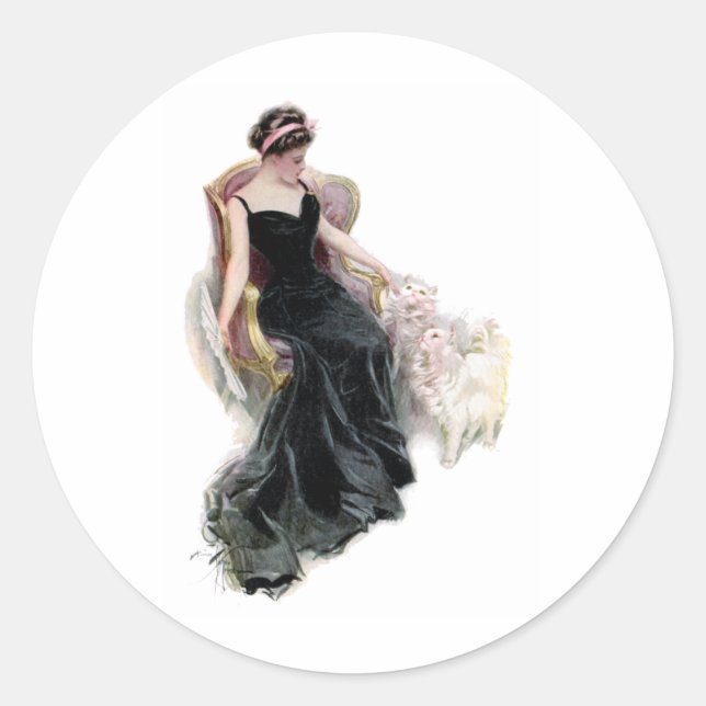 Pegatina Redonda Una dama y sus gatos (Anverso)