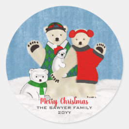 Pegatina Redonda Una familia de osos polares guisando Feliz Navidad