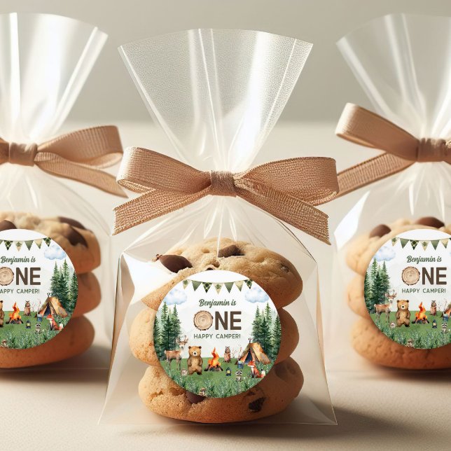 Pegatina Redonda Una feliz fiesta de cumpleaños de Camper (One Happy Camper Birthday Party Classic Round Sticker
)