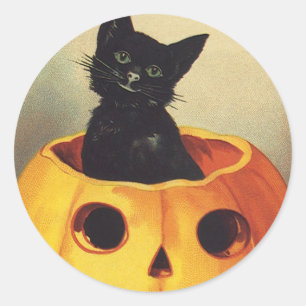 Pegatina Redonda Una Feliz Halloween de Ellen Clapsaddle, Gato Anti