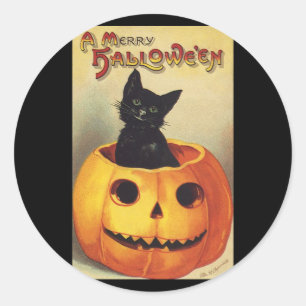 Pegatina Redonda Una Feliz Halloween de Ellen Clapsaddle, Gato Anti