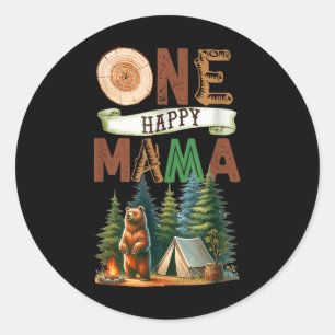 Pegatina Redonda Una Feliz Mamá Campista Oso de Cumpleaños Camping