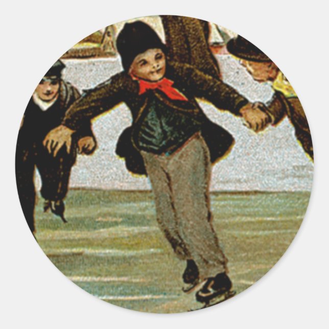 Pegatina Redonda Una Feliz Navidad, patinadores de hielo (Anverso)