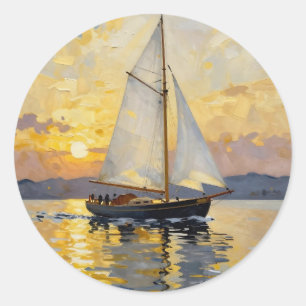 Pegatina Redonda Una ilustración en impasto de un velero al atardec