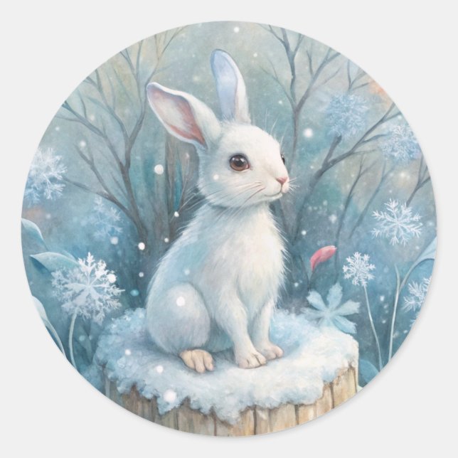 Pegatina Redonda Una liebre dulce en invierno (Anverso)