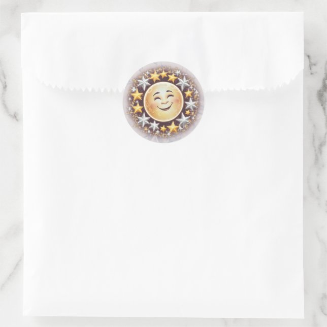 Pegatina Redonda Una luna sonriente rodeada de estrellas (Bolso)