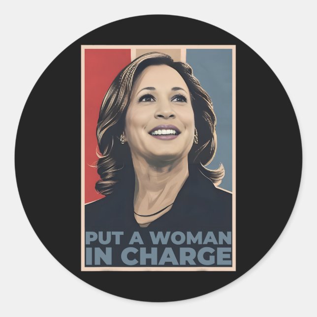 Pegatina Redonda Una Mujer A Cargo De Una Mujer Kamala Harris Por E (Anverso)