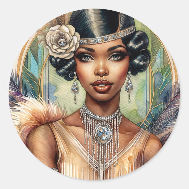 Pegatina Redonda Una mujer flapera ruge el glamour de los veinte añ (Anverso)