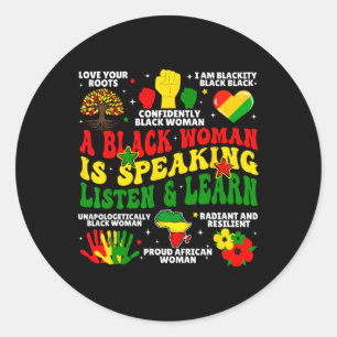 Pegatina Redonda Una Mujer Negra Habla Escuchar Y Aprender Para Afr