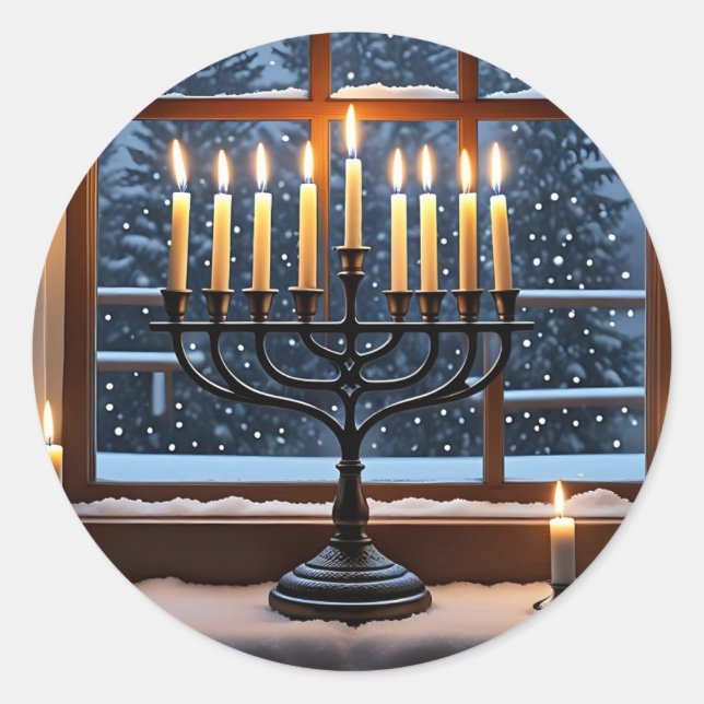 Pegatina Redonda Una noche de invierno de Hanukkah (Anverso)
