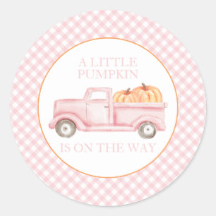 Pegatina Redonda Una pequeña calabaza camioneta rosa claro baby sho