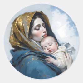 Pegatina Redonda Una pintura de la Madre María y el Niño Jesús