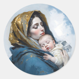 Pegatina Redonda Una pintura de la Madre María y el Niño Jesús