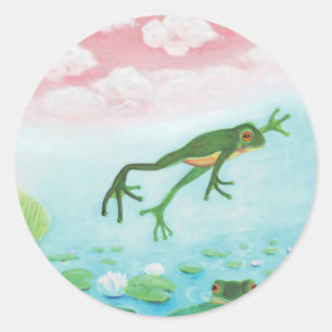 Pegatina Redonda Una Rana Salta Al Ilustracion Del Estanque