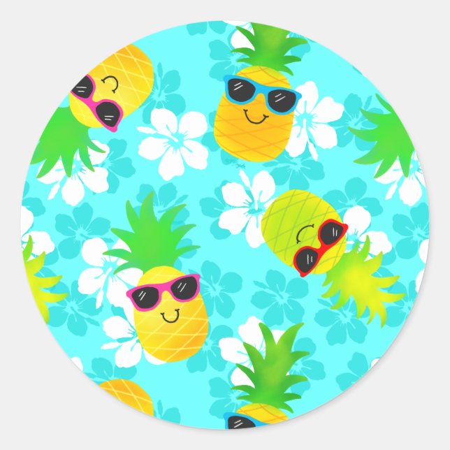Pegatina Redonda Unas piñas tropicales de verano divertidas (Anverso)