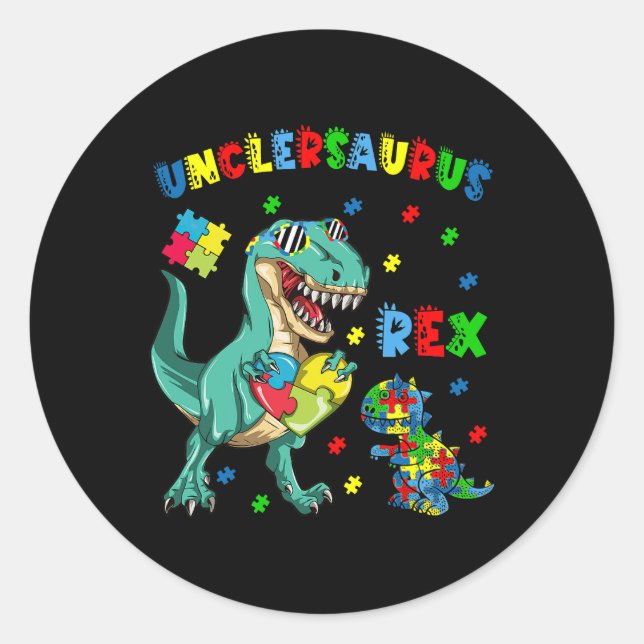Pegatina Redonda Unclesaurus Autism Awareness Uncle Dinosaur Puzzle (Anverso)