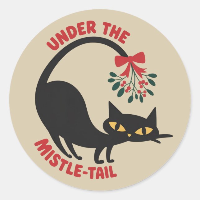 Pegatina Redonda Under the Mistletoe Catmas Retro Midcentury Cat (Anverso)