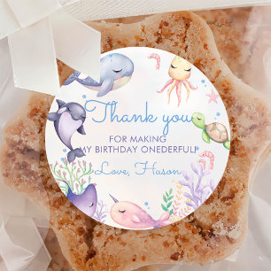 Pegatina Redonda Under the Sea Blue Sea Life Primer Fiesta de cumpl