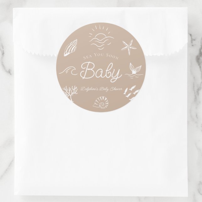 Pegatina Redonda Under the Sea You Soon Brown Baby Shower (Bolso)