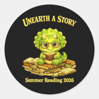 Pegatina Redonda Unearth a Story Triceratops Dinosaur Reading Books