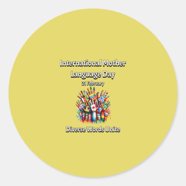 Pegatina Redonda Unen Diversas Palabras. Día de la Lengua Materna. (Anverso)