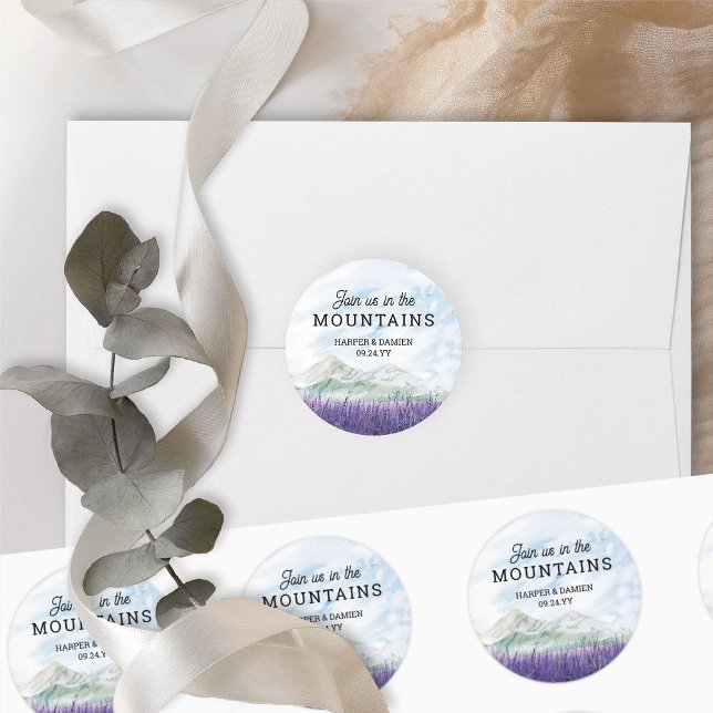 Pegatina Redonda Únete a nosotros en el Boda del Valle de Lavender  (Join us in the Mountain wedding stickers from my Mountain Lavender Wedding Collection)