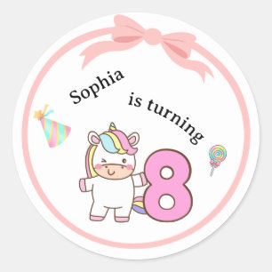 Pegatina Redonda Unicorn 8 Birthday Sticker Pack Cute Party Design