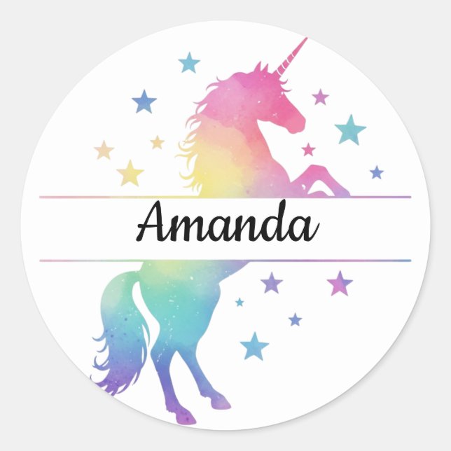 Pegatina Redonda Unicorn Birthday Party Favor Name Sticker (Anverso)