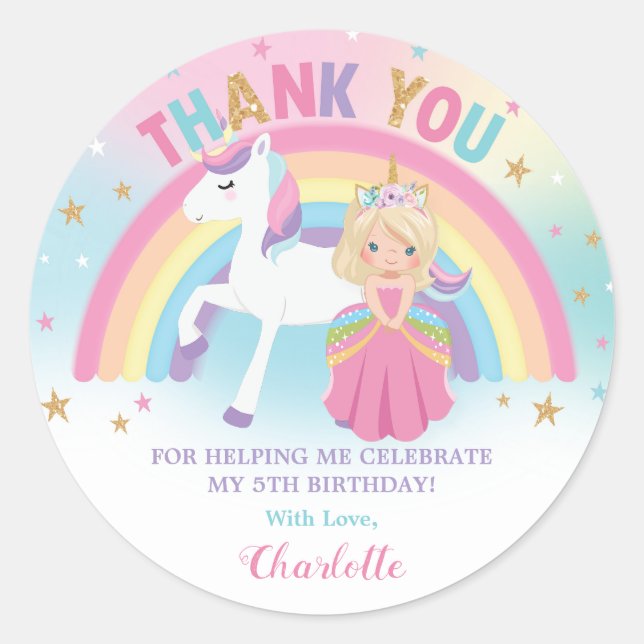 Pegatina Redonda Unicorn Blonde Princess Birthday Gracias Por (Anverso)