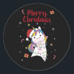 Pegatina Redonda Unicorn Christmas Snow Winter Animals Unicorns<br><div class="desc">The unicorn for Christmas with fairy lights. Funny animals with gifts and snow to the holidays. Also funny for Christmas in July. One of the one's are sweet animals and perfect for Christmas.</div>