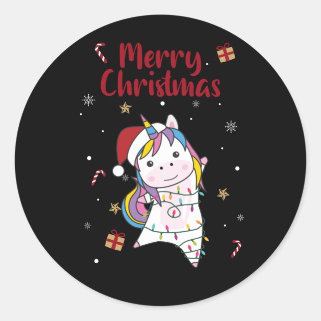 Pegatina Redonda Unicorn Christmas Snow Winter Animals Unicorns (Anverso)