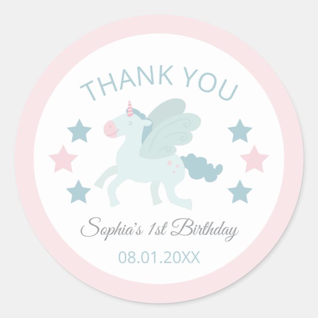 Pegatina Redonda Unicorn Cute Pink Blue Thank You Birthday  (Anverso)