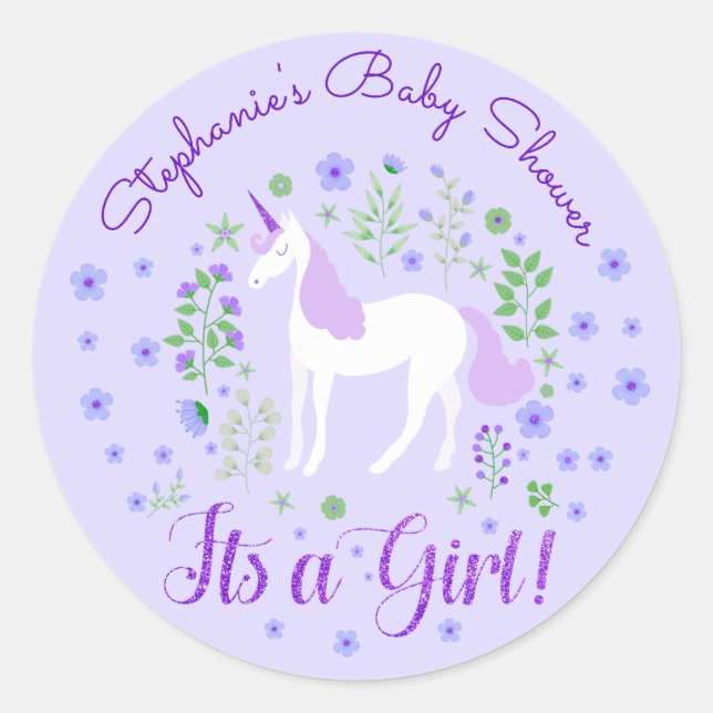 Pegatina Redonda Unicorn Es Un Baby Shower Púrpura Chica Personaliz (Anverso)