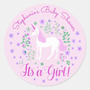 Pegatina Redonda Unicorn Es Un Baby Shower Rosa Chica Personalizado