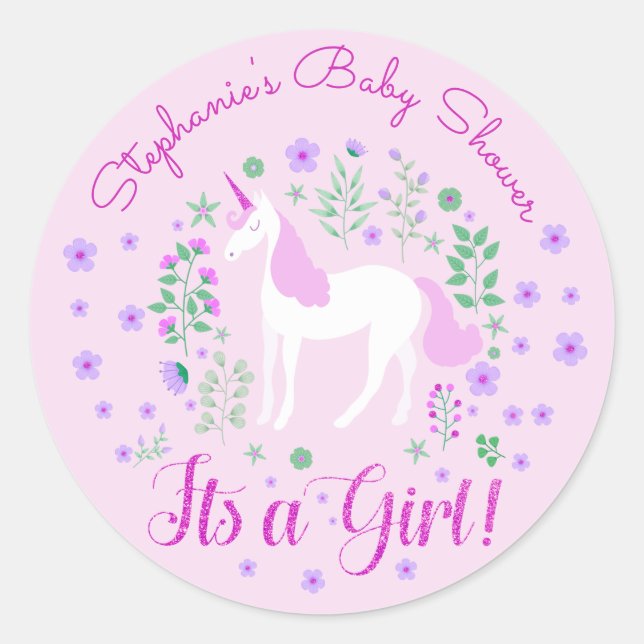 Pegatina Redonda Unicorn Es Un Baby Shower Rosa Chica Personalizado (Anverso)
