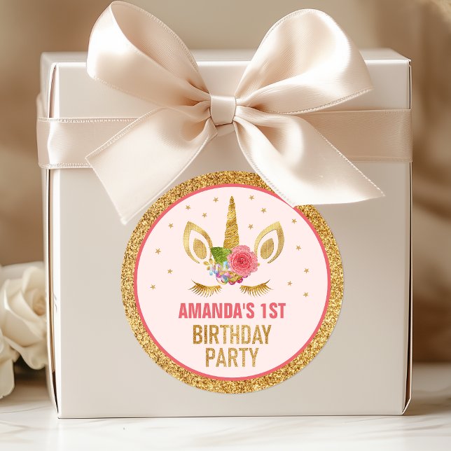 Pegatina Redonda Unicorn Face Birday Party, Purpurina mágico del or (Subido por el creador)