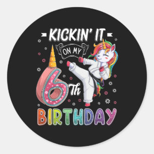 Pegatina Redonda Unicorn Karate 6 cumpleaños Taekwo de 6 años