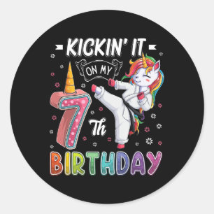 Pegatina Redonda Unicorn Karate 7 cumpleaños 7 Taek de siete años