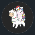 Pegatina Redonda Unicorn Llama Christmas Snow Winter Animals<br><div class="desc">The unicorn rides too christmas on the Lama. Funny animals with gifts and snow to the holidays. Also funny for Christmas in July. Unicorns are sweet animals and perfect for Christmas.</div>