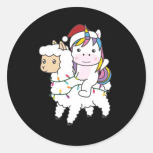 Pegatina Redonda Unicorn Llama Christmas Snow Winter Animals
